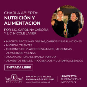 NUTRICION Y ALIMENTACION<br>Charla abierta<br>Por Lic. Carolina Carosia<br>Nicole Laner<br>Lunes 27/4  Puerta 19.30 hs Inicio 20 hs<br>ENTRADA LIBRE<br>Cliqueá en la foto para reservar